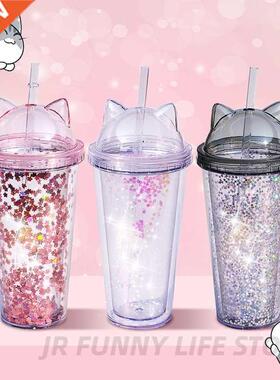 420ml Cat Ear Water Bottle For Girls with Sequins BPA FREE D