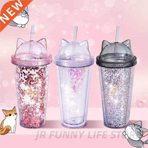 420ml Cat Ear Water Bottle For Girls with Sequins BPA FREE D