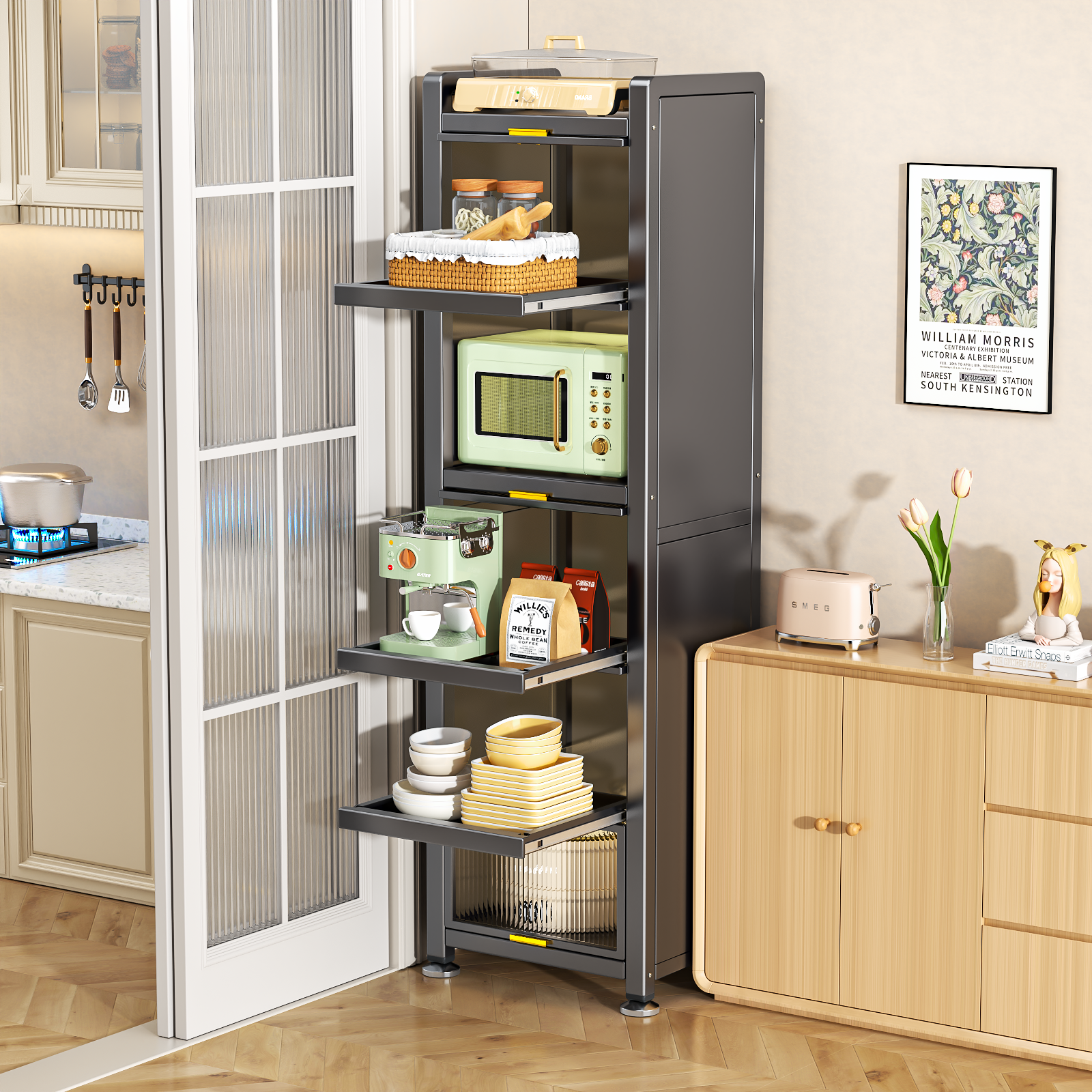 厨房多功能置物架钢制抽拉夹缝橱柜落地多层锅具碗碟微波炉储物柜,厨房/烹饪用具,厨房置物架/置物柜/角架,淘宝优惠券,粉丝福利购,淘宝优惠卷