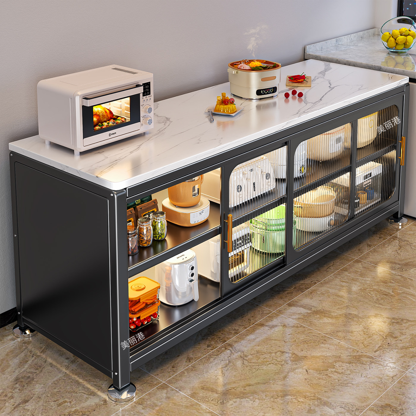 厨房置物架多功能微波炉岩板餐边推拉门橱柜落地多层收纳储物柜子,厨房/烹饪用具,厨房置物架/置物柜/角架,淘宝优惠券,粉丝福利购,淘宝优惠卷