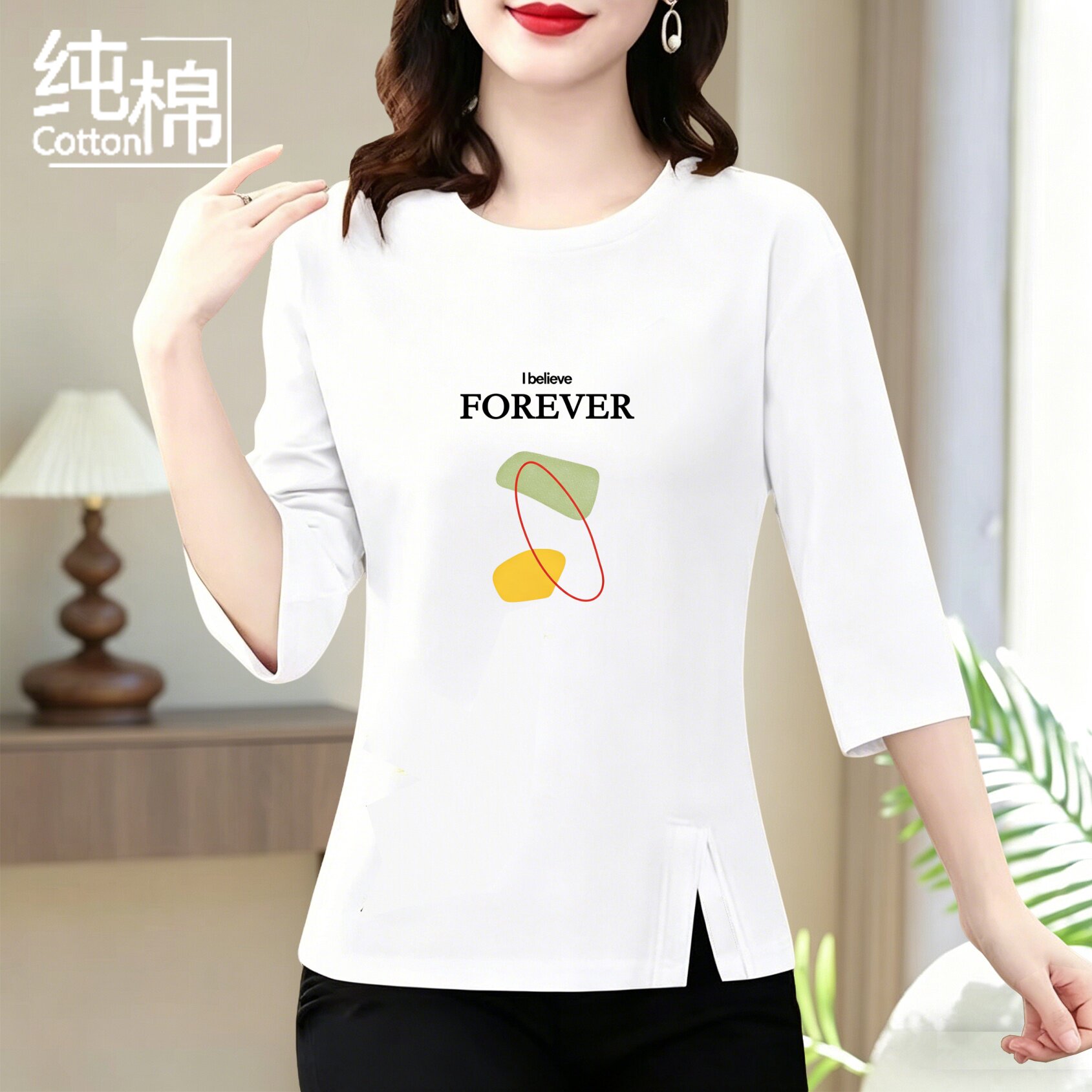 新款中年妈妈夏装纯棉半袖上衣宽松大码印花中老年女装七分袖T恤