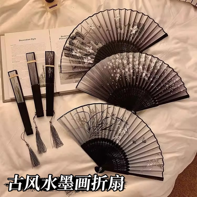 中国风折叠小扇子古风扇汉服舞蹈水墨画绸布新中式闺蜜黑色折扇