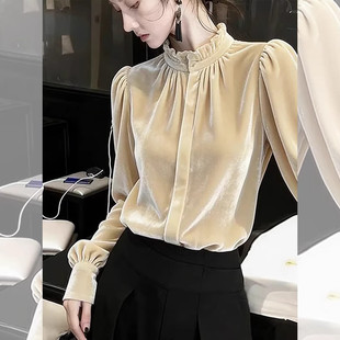 法式木耳边立领丝绒衬衫女秋冬新款轻奢感休闲宽松显瘦百搭上衣潮