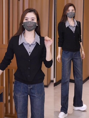 时尚牛仔阔腿裤套装女秋季新款