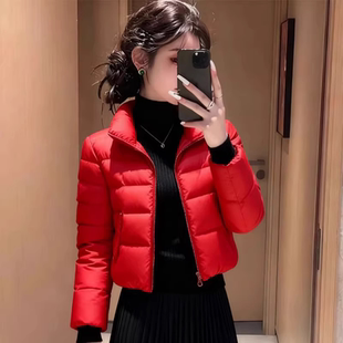 2026冬季新款红色短款羽绒棉服女立领显瘦保暖修身拉链外套时尚