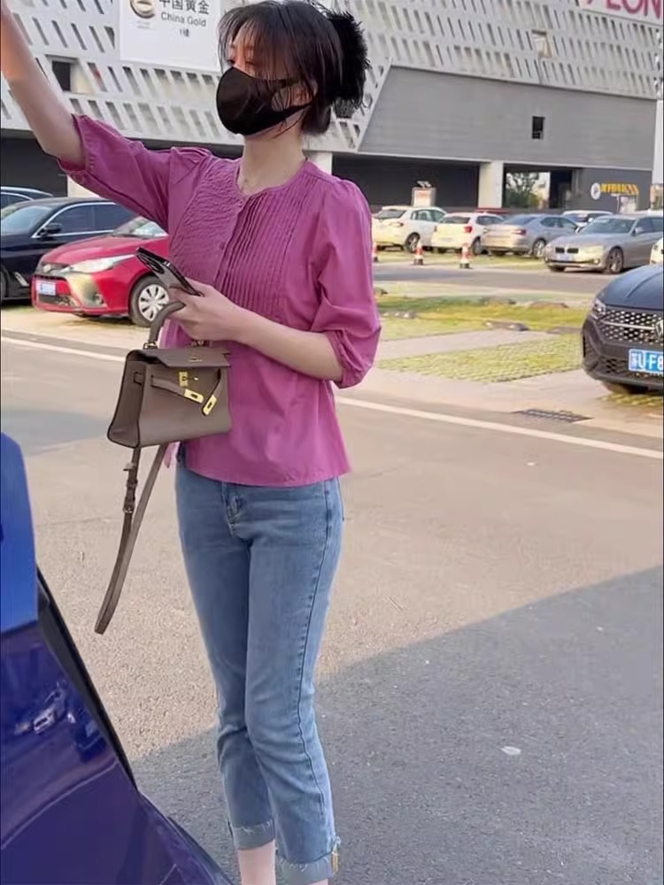 圆领中袖衬衫百搭衬衣九分牛仔裤