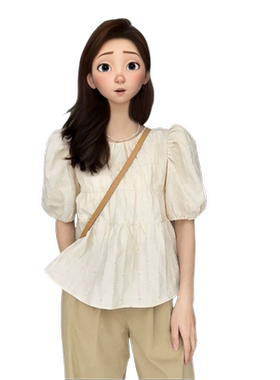 微胖遮肚子减龄套装女夏季盐系轻熟风泡泡袖上衣卡其色裤子两件套