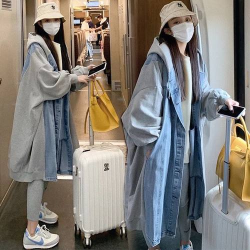 连帽中长款牛仔外套拼接工装炸街