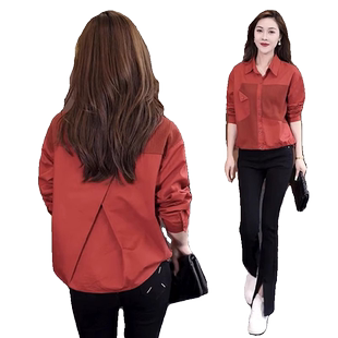 春季长袖女士衬衫2026爆款新款女装衬衣春装宽松时尚洋气红色上衣
