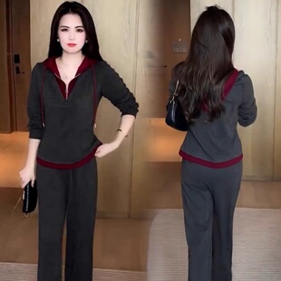 时髦洋气显瘦假两件连帽卫衣阔腿裤 时尚 新款 女秋季 两件套 休闲套装