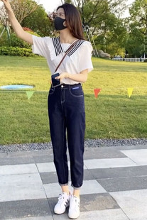 高腰深色九分牛仔哈伦裤女2026春装新款韩版显瘦休闲老爹裤直筒裤