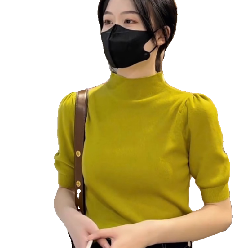 半高领修身T恤打底衫短袖毛衣女2026年新款气质泡泡袖针织衫上衣