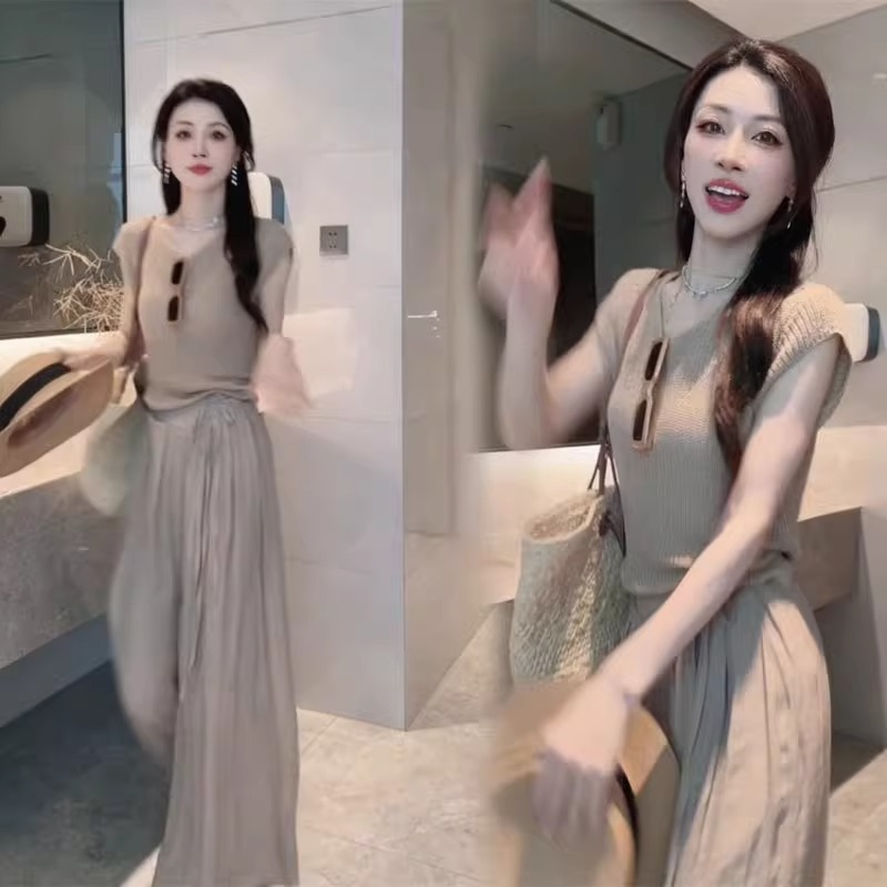 夏季修身显瘦圆领针织上衣女2025新款慵懒风高腰系带阔腿裤两件套