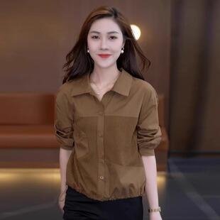 女款 襯衫 長(zhǎng)袖 拼接上衣 女士襯衣早秋時(shí)尚 洋氣寬松短款 2025新款 秋裝