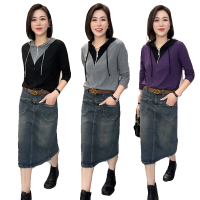 拼色半拉链长袖卫衣牛仔半身裙套装女2025春秋新款百搭显瘦两件套