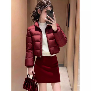 今年流行酒红色立领羽绒棉服女时尚显瘦保暖小个子短款外套冬季