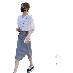 夏季女装2026年新款微胖显瘦炸街名媛气质上衣牛仔半身裙两件套装