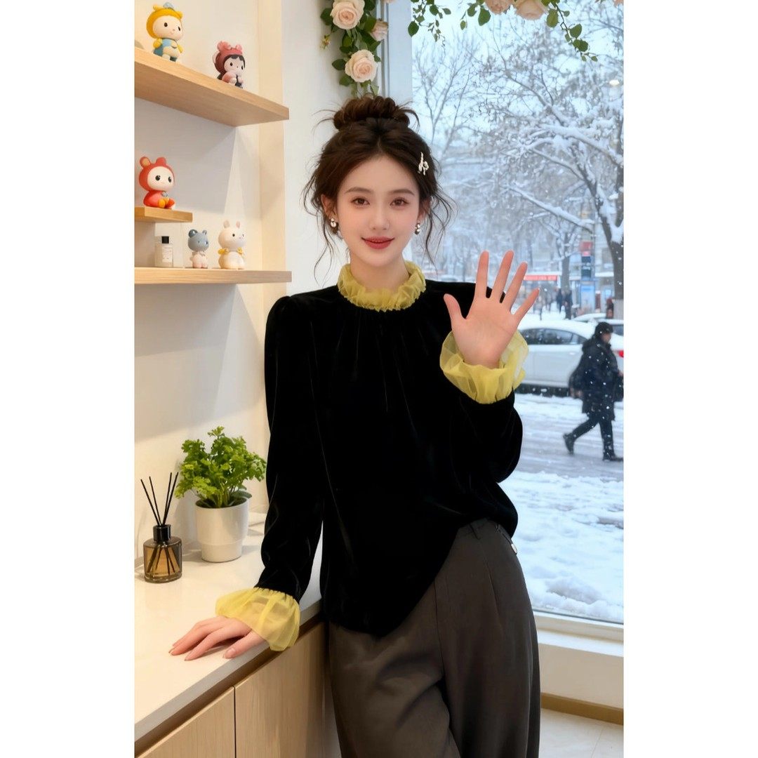 法式千金感网纱拼接丝绒长袖T恤女2026秋冬新款高级感黑色打底衫,女装/女士精品,T恤,淘宝优惠券,粉丝福利购,淘宝优惠卷