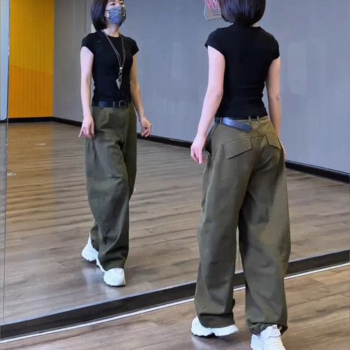 复古墨绿色工装休闲裤女夏季薄款大码胖mm宽松小个子直筒阔腿裤