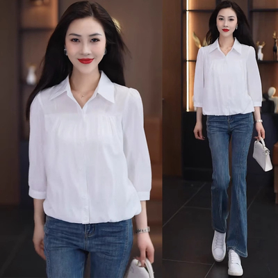 显瘦设计感七分袖衬衣百搭上衣