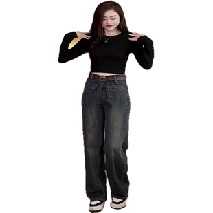 春秋穿搭套装2026圆领长袖T恤直筒阔腿牛仔裤网红炸街时尚两件套