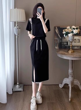 欧货黑色时尚套装裙女夏季露肩减龄洋气休闲运动短袖半身裙两件套