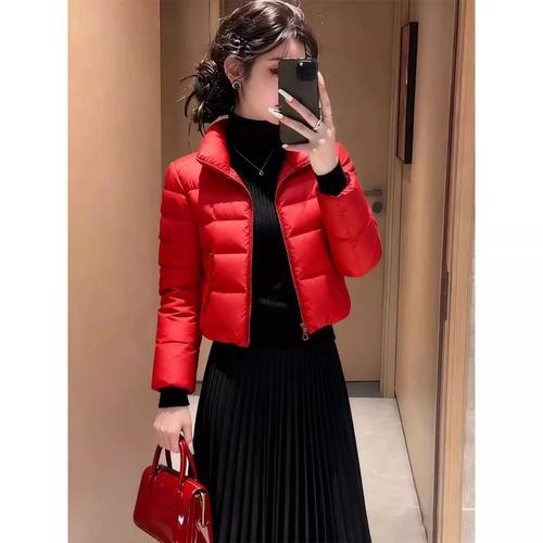 2025冬季新款红色短款羽绒棉服女立领显瘦保暖修身外套时尚洋气