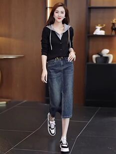 连帽卫衣牛仔半身裙一整套 时尚 洋气质减龄穿搭套装 女2025春秋新款