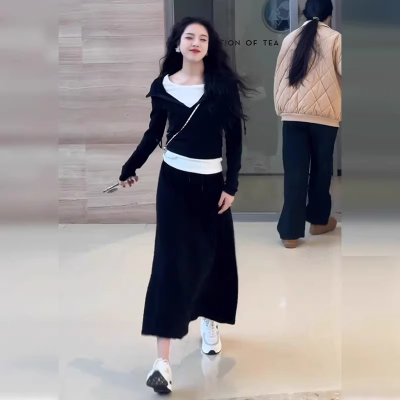 韩系流行早秋穿搭一整套装长裙