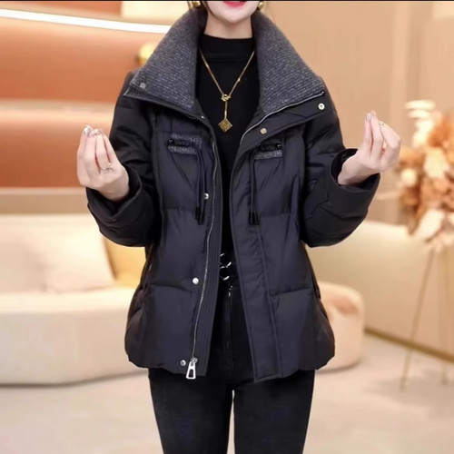 妈妈装时尚毛呢拼接短款棉服外套