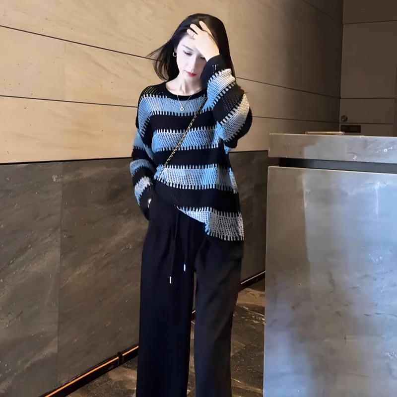 条纹针织上衣休闲阔腿裤套装女
