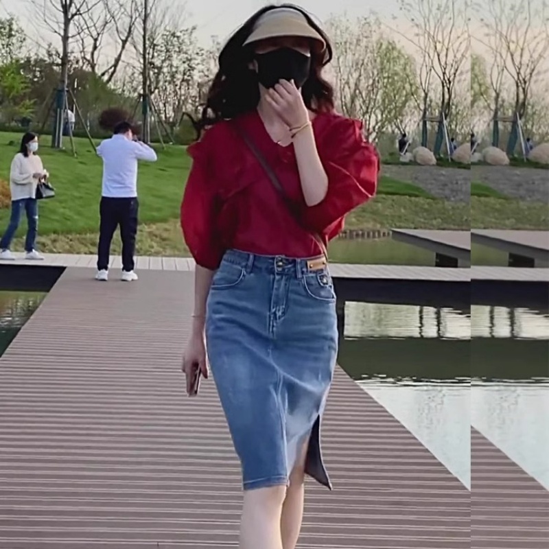 小个子开叉牛仔裙半身裙女夏薄款半裙高腰显瘦遮胯包臀a字一步裙