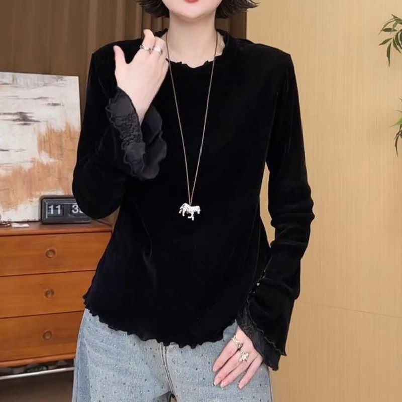 2026春季新款蕾丝拼接喇叭袖丝绒女士显瘦百搭大码胖mm打底衫上衣,女装/女士精品,T恤,淘宝优惠券,粉丝福利购,淘宝优惠卷