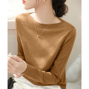 韩诗顿官方一字领肩显瘦设计感打底衫内搭修身长袖针织衫上衣