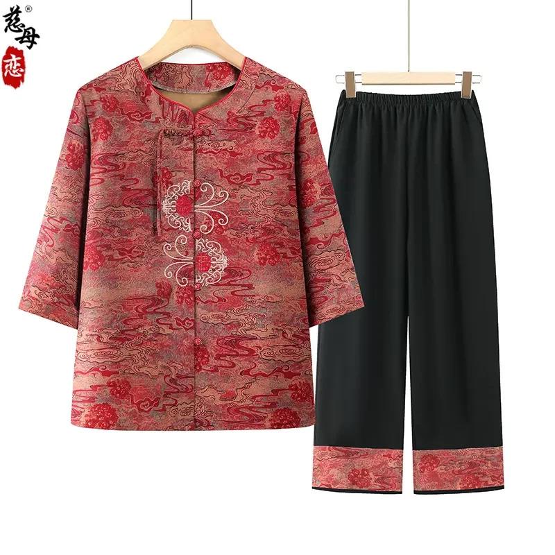 慈母戀官方店奶奶裝套裝夏兩件套老年人衣服七分袖上衣媽媽裝套裝