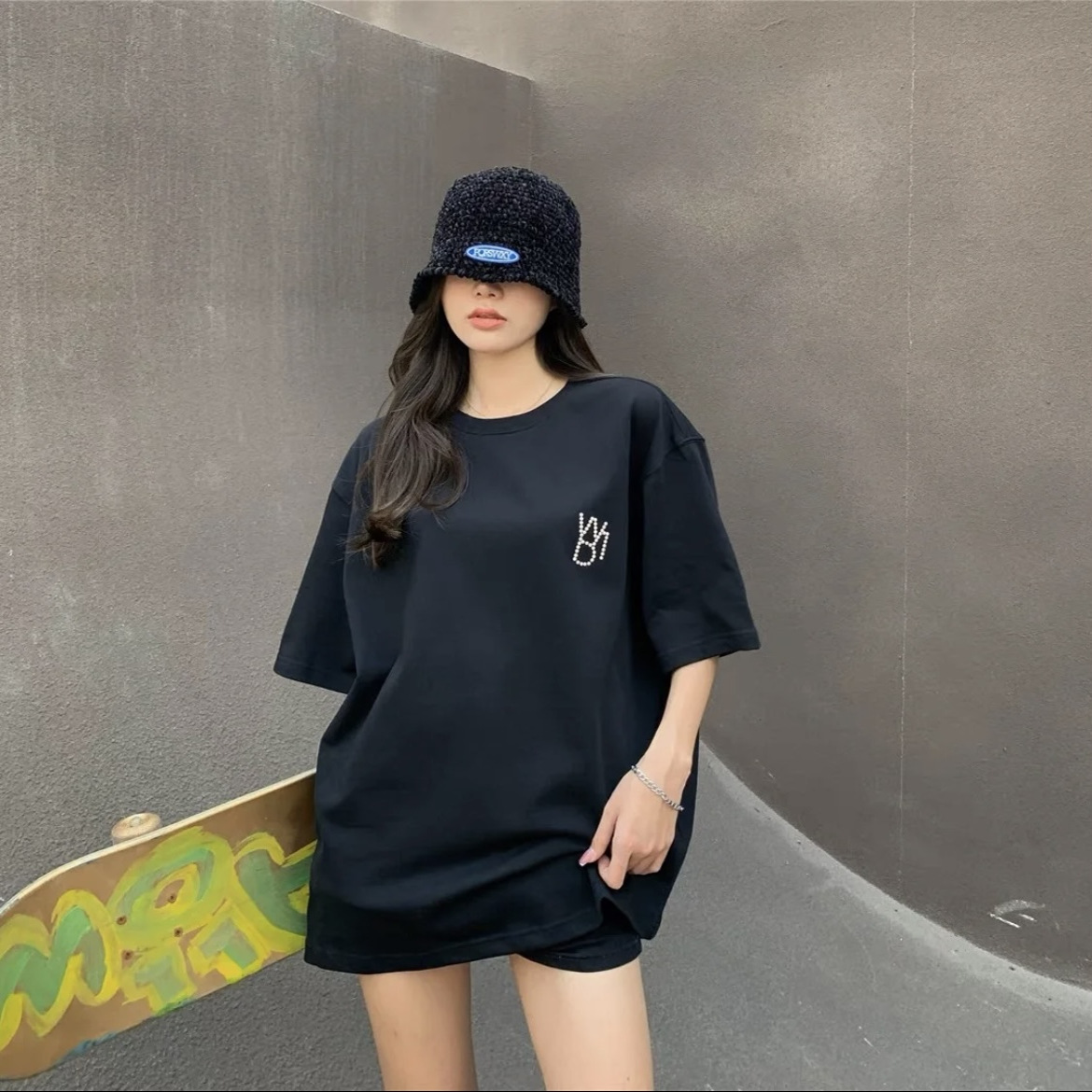 WE11DONE WBTK线上数据款LOGO字母象牙烫钻男女同款情侣短袖T恤