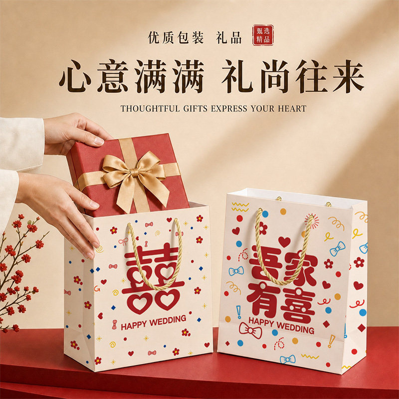 结婚礼品袋手提纸袋婚礼伴手礼订婚回礼喜袋婚庆中式加厚礼袋批发