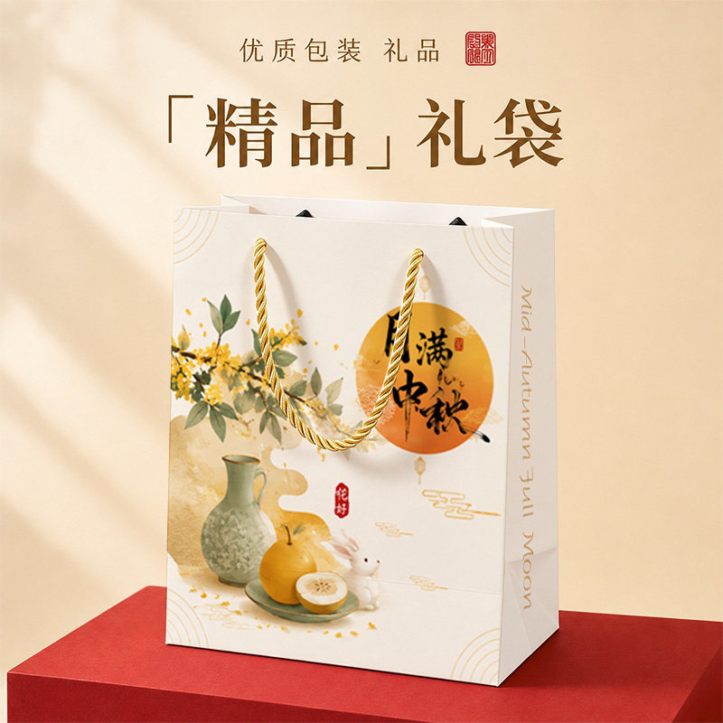 月满人间玉兔手提纸袋中秋月饼礼品袋国风卡通月饼礼盒送礼包装袋