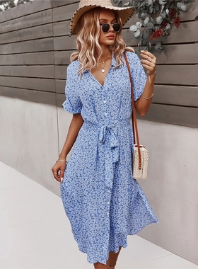 Elegant Print V-Neck Holiday Boho Beach Dress Robe飘带连衣裙