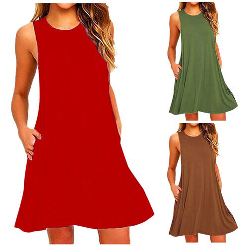 Sleeveless pocket vest dress for women无袖口袋背心女士连衣裙