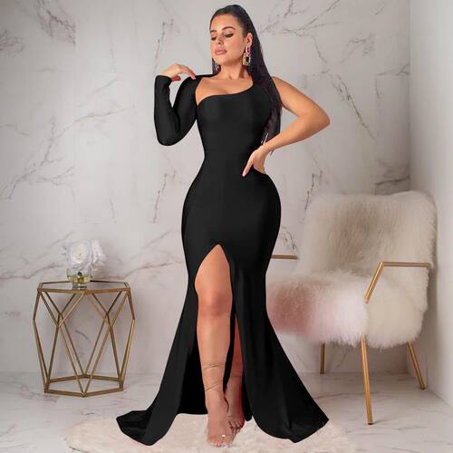 Solid color single shoulder dress for women 纯色单肩连衣裙女