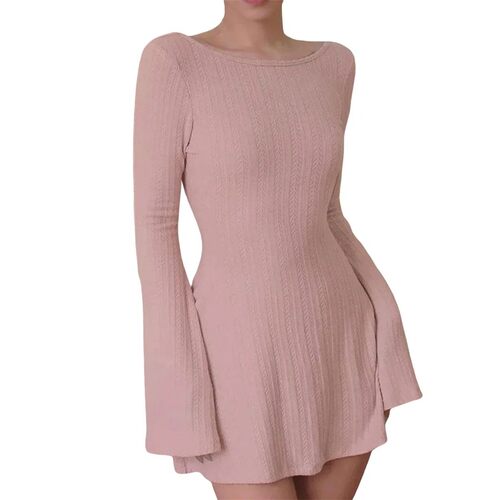 Micro knitted solid color dress for women 女士针织纯色连衣裙