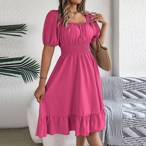 Square collar waist cinching dress for women方领收腰连衣裙女