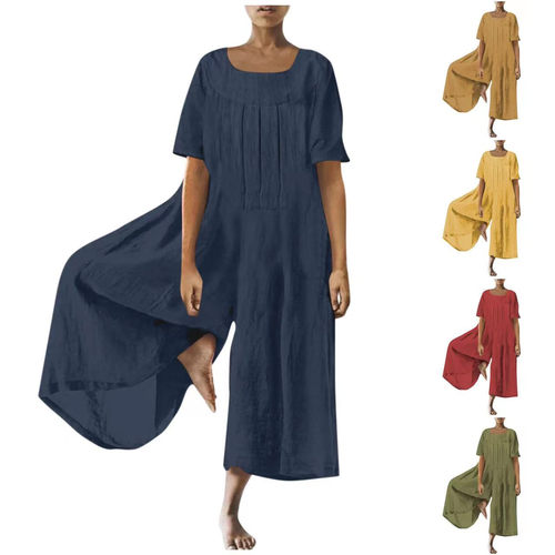 Solid color short sleeved jumpsuit女士纯色圆领短袖宽松连体裤