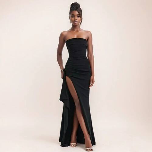 Solid color high slit backless dress for women女士露背连衣裙