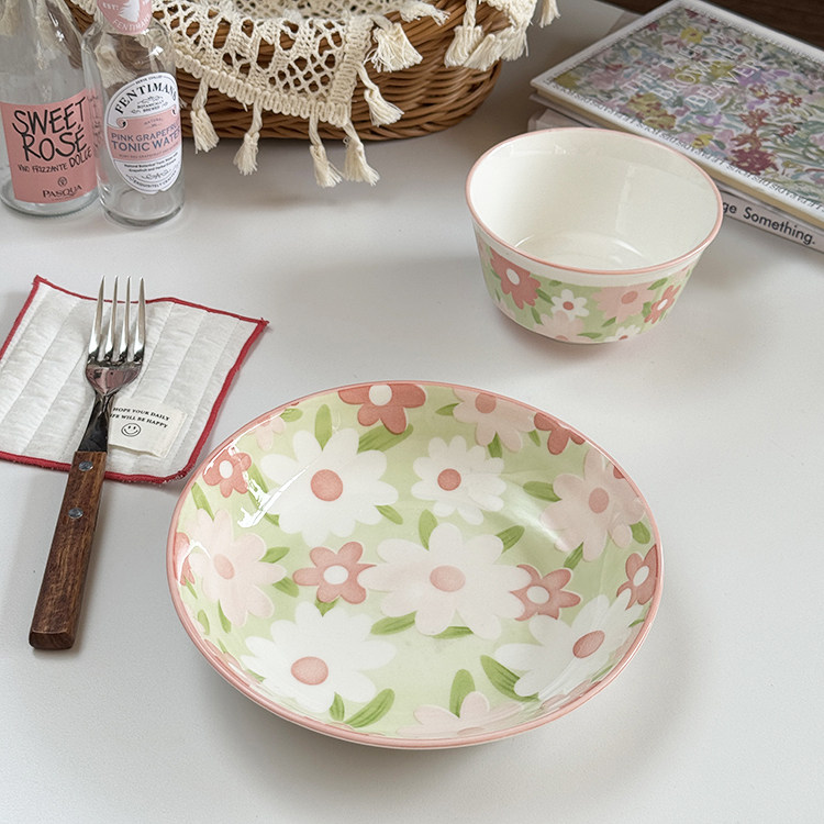 其其安 韩式小清新陶瓷餐盘高颜值精致花朵菜盘粉嫩米饭碗盘子,餐饮具,盘,淘宝优惠券,粉丝福利购,淘宝优惠卷