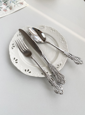 其其安ins风欧式轻奢浮雕不锈钢刀叉勺镂空西餐餐具