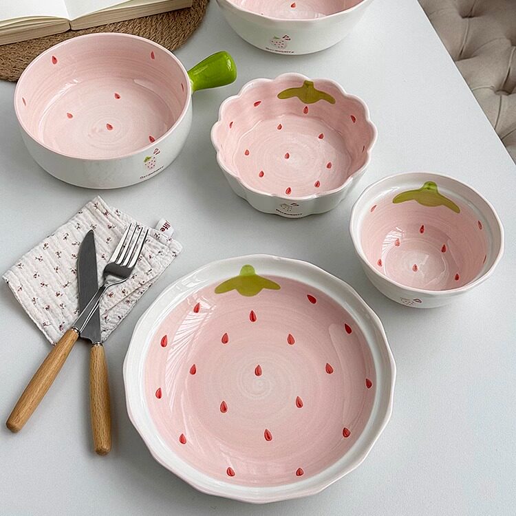 网红ins风陶瓷餐具套装草莓手绘釉下彩餐盘沙拉碗饭碗手柄碗杯子,餐饮具,盘,淘宝优惠券,粉丝福利购,淘宝优惠卷