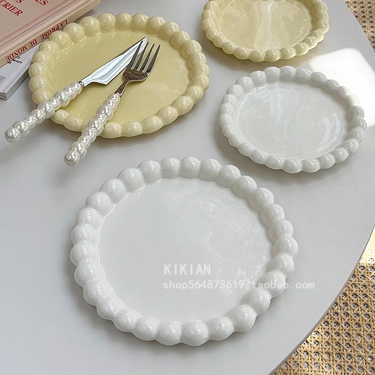 韩国ins风高级感创意大珠点边奶fufu陶瓷甜品早餐点心水果圆碟盘