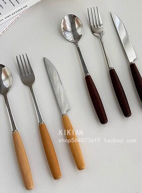 韩式ins风勺不锈钢西餐牛排刀叉勺实木柄餐具家用汤勺叉
